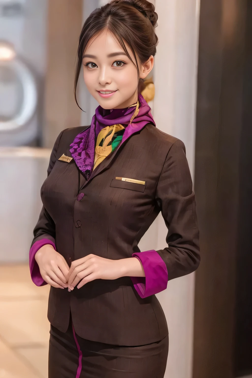 (masterpiece:1.2、highest quality:1.2)、32K HDR、High resolution、(alone、1 girl、Slim figure)、（A realistic reproduction of the ETIHAD Airways Cabincrew Uniform）、 (At the airport counter, Professional Lighting)、Airport counter wall background、A proper woman, Beautiful Face,、（Long sleeve ETIHAD Airways Cabincrew Uniform）、（ETIHAD Airways Cabincrew Uniform skirt with purple stripe on the front）、（scarf on chest）、Big Breasts、（Long Hair Up、Hair Bun）、Dark brown hair、Long Shot、（（Great hands：2.0））、（（Harmonious body proportions：1.5））、（（Normal limbs：2.0））、（（Normal finger：2.0））、（（Delicate eyes：2.0））、（（Normal eyes：2.0））)、Beautiful standing posture、smile、Place your hands around your stomach