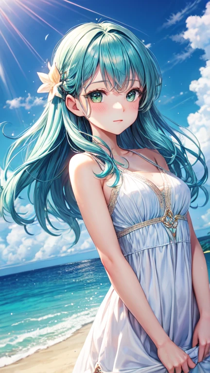 Fairy, Light blue hair, Green Eyes, cute, Fleeting Expression, Bring good luck, dress,elegant, Glossy feel,Ocean, Beach, Daytime, Sunlight reflection, The Shining