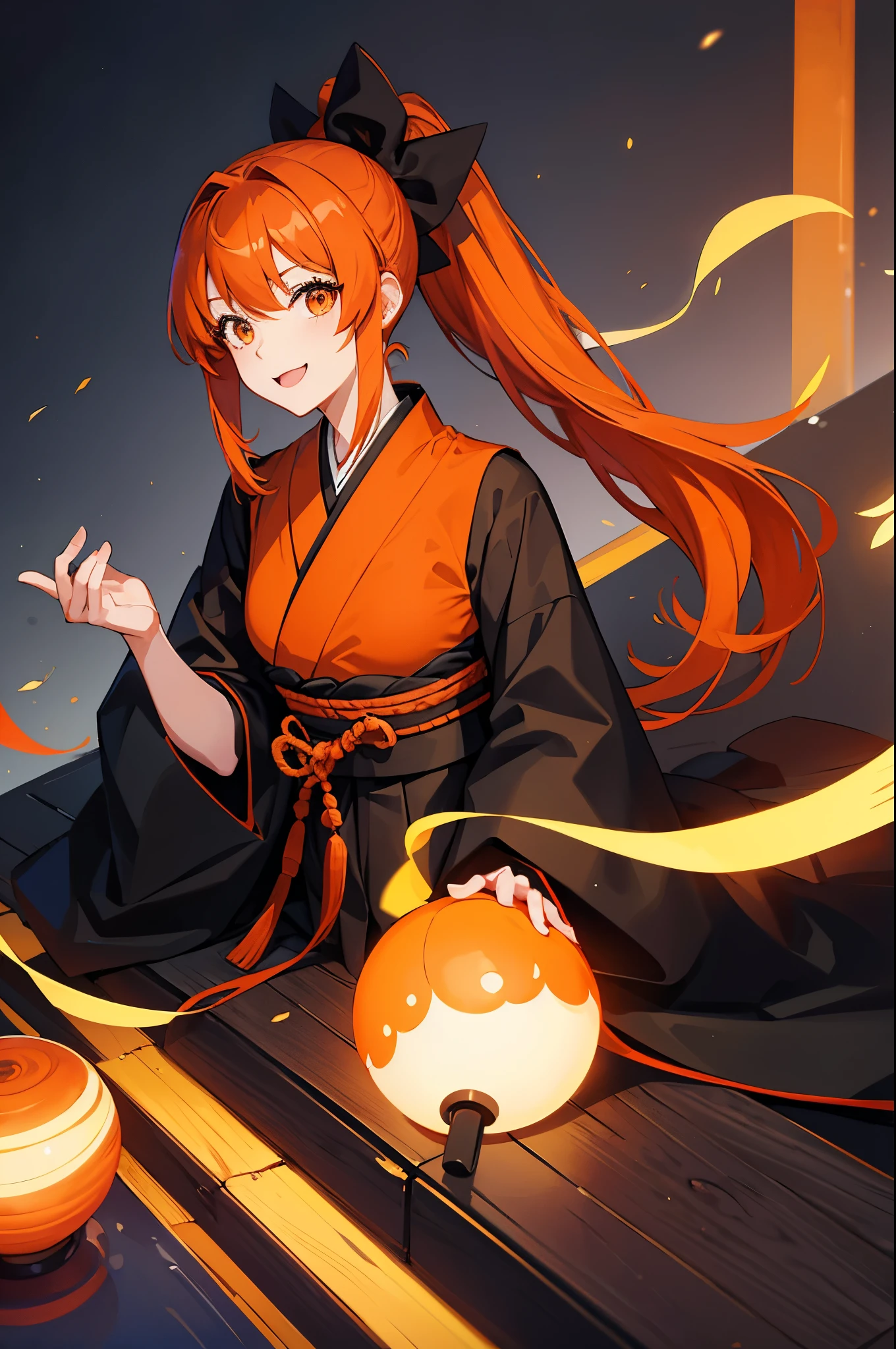 girl, orange hair, long hair, ponytail, black shihakusho, black kimono, black hakama, smile