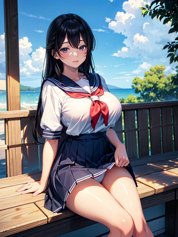 (close your eyes;1.2), (highest quality), Super detailed), (Ultra High Resolution 8K), High-definition facial beauty, ((Skirt Lift)), A plain girl with glasses, (Big Breasts), Detailed sailor suit, Showing panties , (Blushing, Embarrassing), Very hot day, Shade, ((, Sit down)), Makoto Shinkai Cyril Rolando
