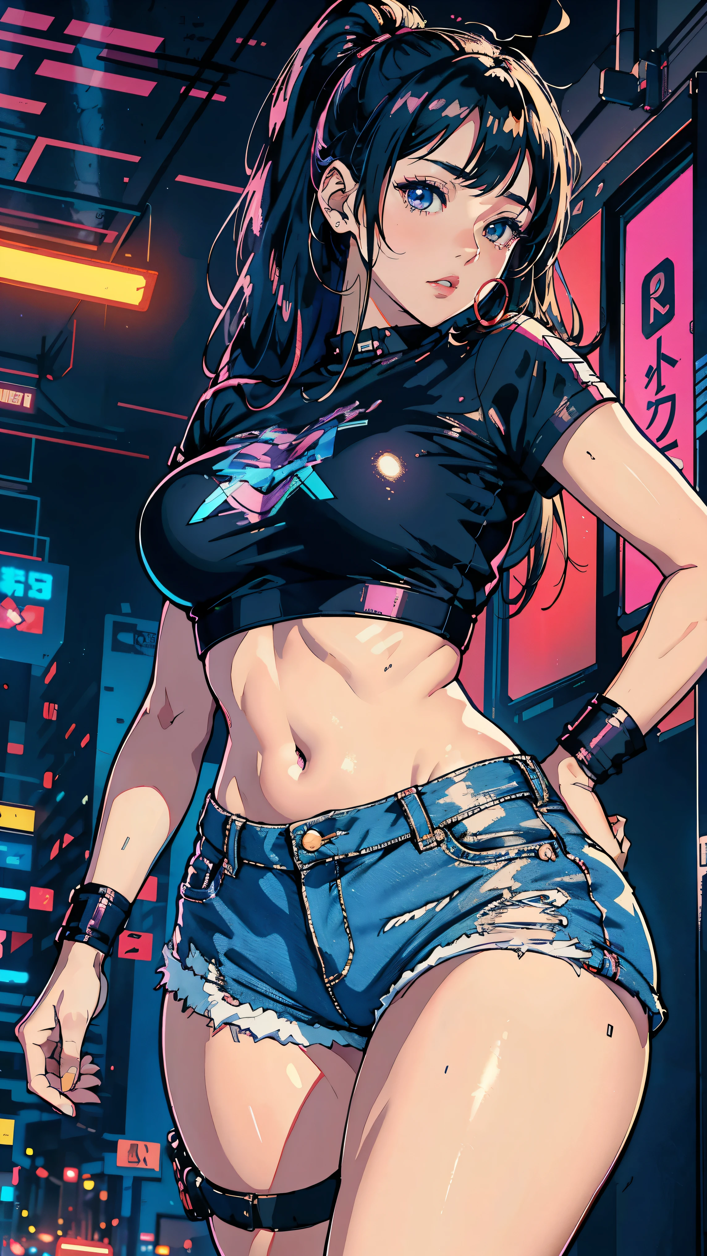 (Hinata Hyuga, whole body, Walking, Adult women, Very sensual, In tight clothes, Big Ass, Thick legs, Jean Shorts, Wearing a mini blouse, Navel comes out, Long Hair, Rear speakers, Very realistic, View of the Cyberpunk City, Clearly defined lines, Neon Lights Very Sexy, 8k, 8k Very detailed), (Very delicate and beautiful), (masterpiece), (Better Quality: 1.0), (Ultra-high resolution:1.0), ((Synthwave Background Theme)), whole body像, Vision