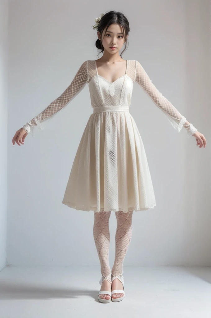 Woman standing with her feet together、(White sandals)、((White fishnet stockings))、(White fishnet stockings)、Black hair woman