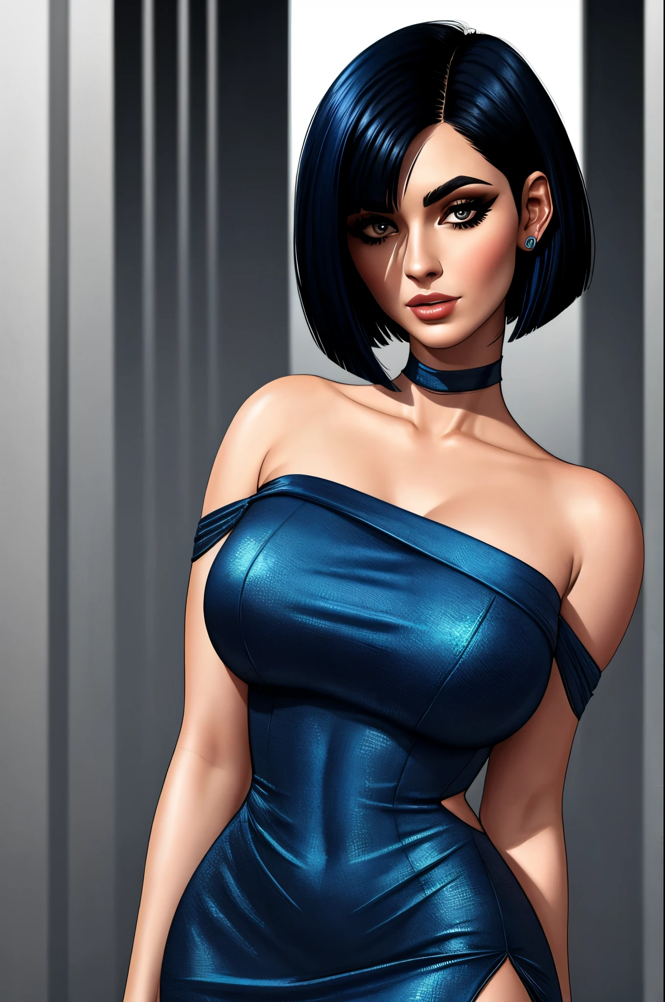 Blue black hair, bobcut, undercut, severe dress