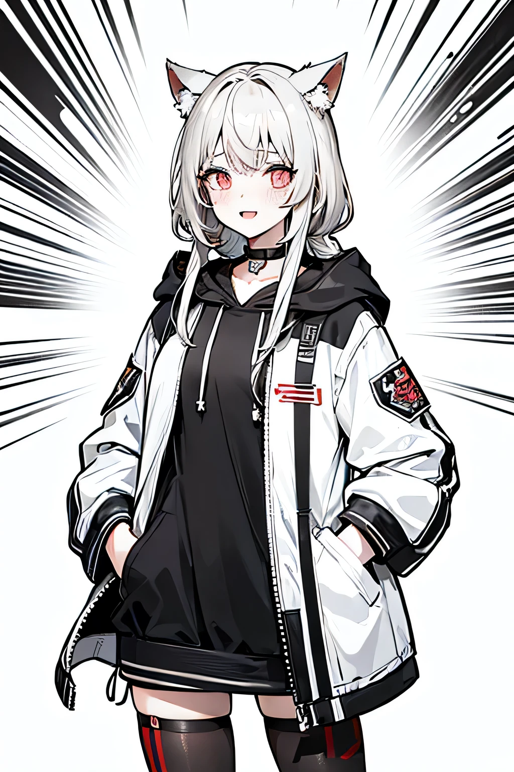 solo, Girl with blonde hair, animal_ears, human_face, long_hair, two_side_up, hair_tubes, red_eyes, grey_hair, blush, white_hair, 1girl, hood, hoodie, looking_at_viewer, open_mouth, jacket, coat, official_alternate_costume, smile, cowboy_shot, long_sleeves, upper_body, anime style, best quality, masterpiece, highres