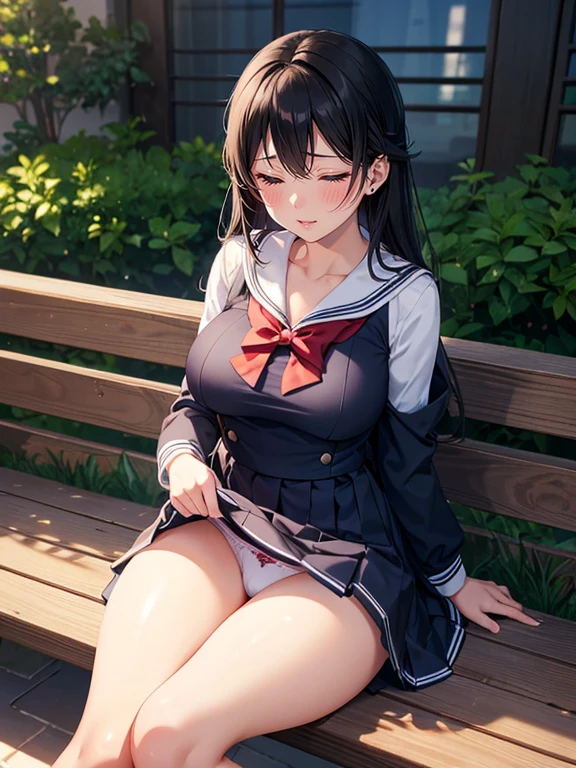 (close your eyes;1.2), (highest quality), Super detailed), (Ultra High Resolution 8K), High-definition facial beauty, ((Skirt Lift)), A plain girl with glasses, (Big Breasts), Detailed sailor suit, Showing panties , (Blushing, Embarrassing), Very hot day, Shade, ((, Sit down)), Makoto Shinkai Cyril Rolando