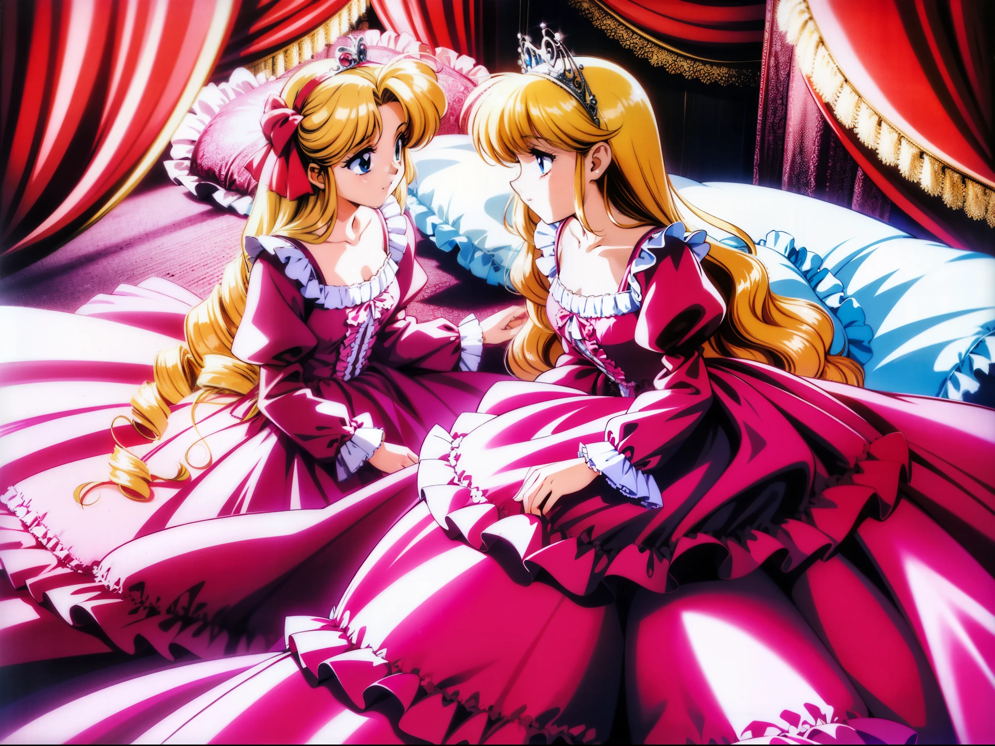 ,highest quality, masterpiece, highest resolution, artwork,1990s style anime illustration,(( girls)),Super detailed baby face,both arees,detailed luxury tiara,Full length ball gown dress with hoop skirt,ruffle yoke collar,Detailed braided ribbon at chest,puff sleeves,long sleeve,((lolita style hot pink princess satin dress、Comes with lots of frills and ribbons。)),shiny silk satin dress,soft and smooth silk satin fabric,luxury,Very long blonde hair,blue eyes,white skin european,pajamas,((inside the palace)),Princess dancing happily,gorgeous flowing dress,fine white frills and lace,Super long hair that is as tall as your body,white long socks,drawers with lots of frills,castle bedroom at night,Super long flowing hair,on the bed,Luxurious canopy on the bed,Huge, spacious bed,Pink pillow with lots of frills,Silk satin pink curtains with luxurious ruffles and ribbons surround the bed,princess sitting on bed,Pillows piled up behind the princess,A princess leaning on a pile of pillows,Long hair scattered like a fan on the bed,(((Both legs are completely hidden inside the dress))),