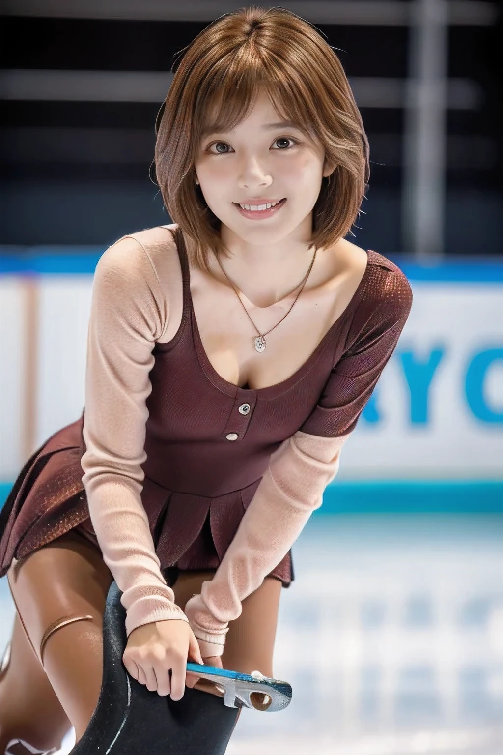 (An 18-year-old woman practicing figure skating on an ice rink:1.5)、(Gentle smile:1.2)、(The best quality at its best:1.4), (Super detailed), (Very detailed CG unified 16k), Beautiful woman with perfect figure: 1.4, Sharp focus: 1.2, Very detailed, High-quality RAW color photos, Professional photography, Great face and eyes, cosmetics, (Amazingly beautiful girl), ((Figure Skating Costumes:1.5)), Sexy posture,(View from below), Realistic movie faces, Full body long view from head to toe, Realistic, ((Realistic natural orange red hairstyle, Realistic blue eyes)), ( Short Bob Hair:1.5), (necklace:1.5)、, Very beautiful face, Perfect model beauty, Mouth swelling, Highly detailed face and skin texture, Fine grain, double eyelid, Medium chest, smile, (masterpiece), highest quality, High resolution, Very detailed, Blurred Background, Depth of written boundary, Cinema Lighting, Great legs, , Clear, well-maintained skin,