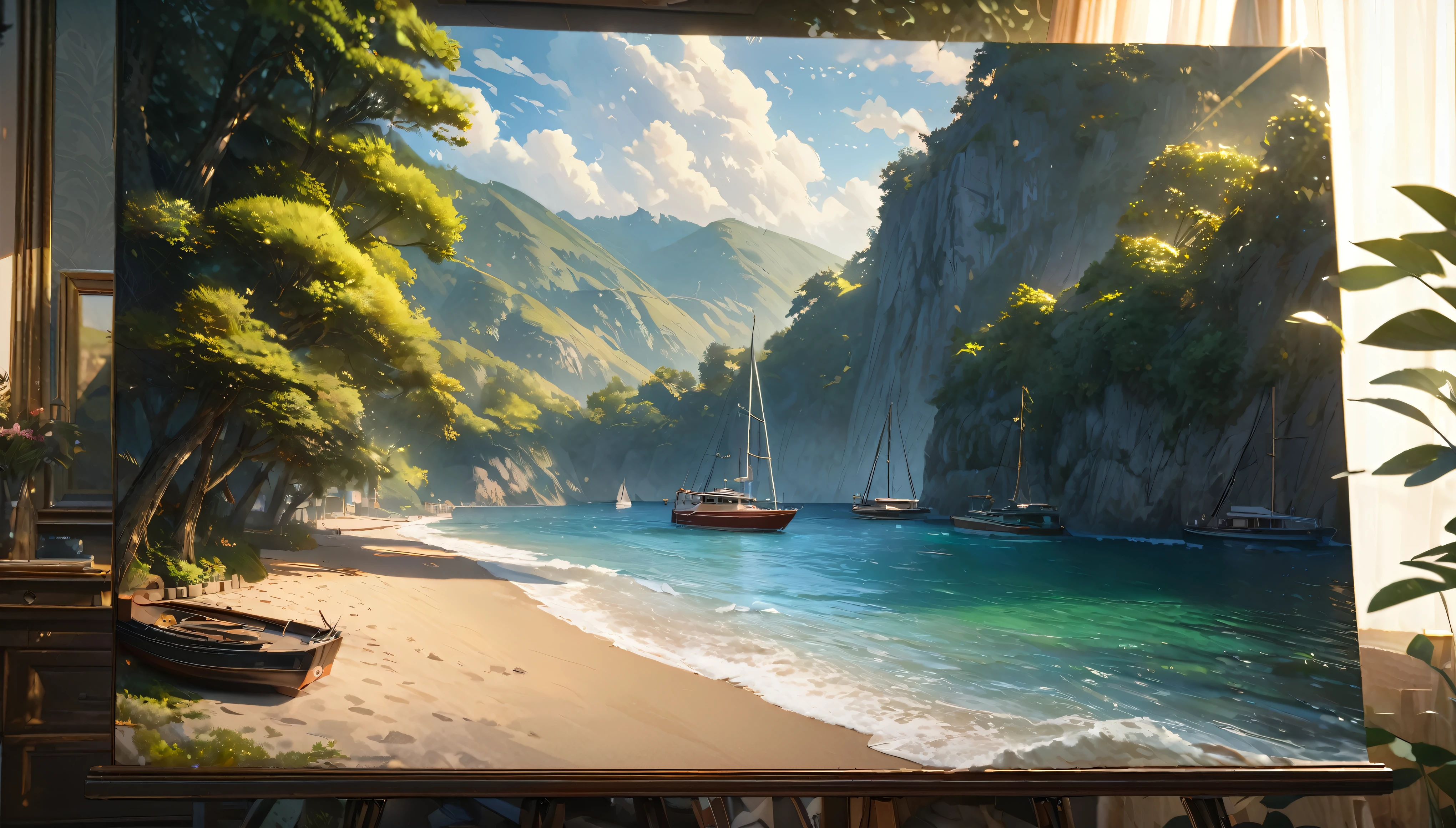 A tranquil coastline with yachts and boats floating on the sparkling sea, Sunny sky with fluffy white clouds, Green trees along the coast々, Pleasant sea breeze. figure, highest quality, 4K, 8k, High resolution, masterpiece:1.2, Super detailed, Realistic:1.37, High resolution, 超High resolution, Studio Lighting, Ultra-fine painting, Sharp focus, Physically Based Rendering, Very detailed explanation, Professional, Vibrant colors, Bokeh, Portraiture, landscape, photograph. Blue dominates the color palette, Natural light adds color to the scene.