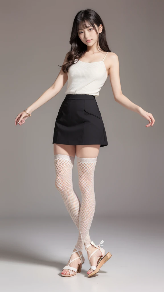 Woman standing with her feet together、(White sandals)、((White fishnet stockings))、(White fishnet stockings)、Black hair woman