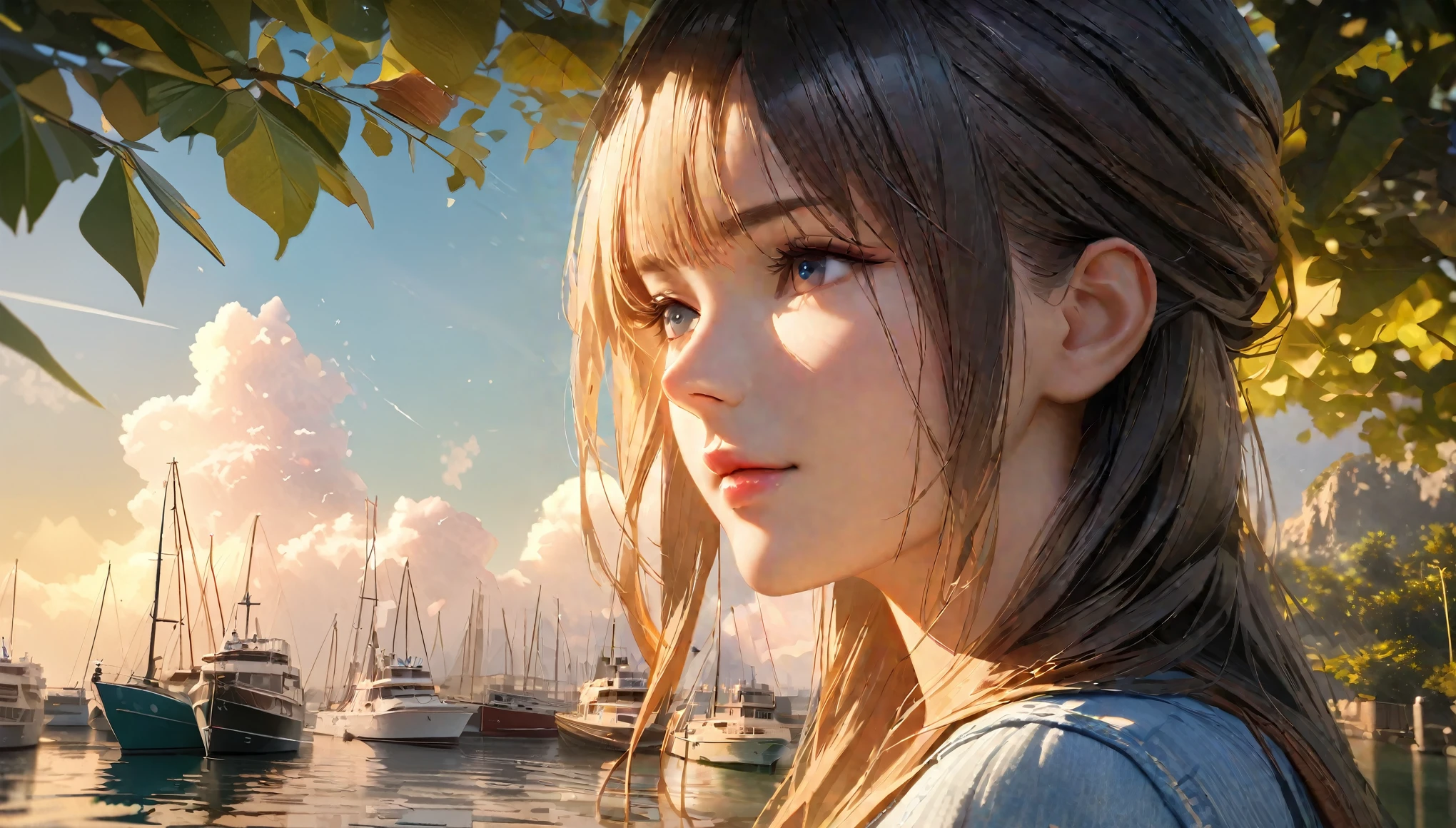 A tranquil coastline with yachts and boats floating on the sparkling sea, Sunny sky with fluffy white clouds, Green trees along the coast々, Pleasant sea breeze. figure, highest quality, 4K, 8k, High resolution, masterpiece:1.2, Super detailed, Realistic:1.37, High resolution, 超High resolution, Studio Lighting, Ultra-fine painting, Sharp focus, Physically Based Rendering, Very detailed explanation, Professional, Vibrant colors, Bokeh, Portraiture, landscape, photograph. Blue dominates the color palette, Natural light adds color to the scene.