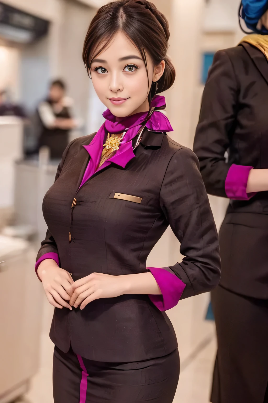 (masterpiece:1.2、highest quality:1.2)、32K HDR、High resolution、(alone、1 girl、Slim figure)、（A realistic reproduction of the ETIHAD Airways Cabincrew Uniform）、 (At the airport counter, Professional Lighting)、Airport counter wall background、A proper woman, Beautiful Face,、（Long sleeve ETIHAD Airways Cabincrew Uniform）、（ETIHAD Airways Cabincrew Uniform skirt with purple stripe on the front）、（scarf on chest）、Big Breasts、（Long Hair Up、Hair Bun）、Dark brown hair、Long Shot、（（Great hands：2.0））、（（Harmonious body proportions：1.5））、（（Normal limbs：2.0））、（（Normal finger：2.0））、（（Delicate eyes：2.0））、（（Normal eyes：2.0））)、Beautiful standing posture、smile、Place your hands around your stomach