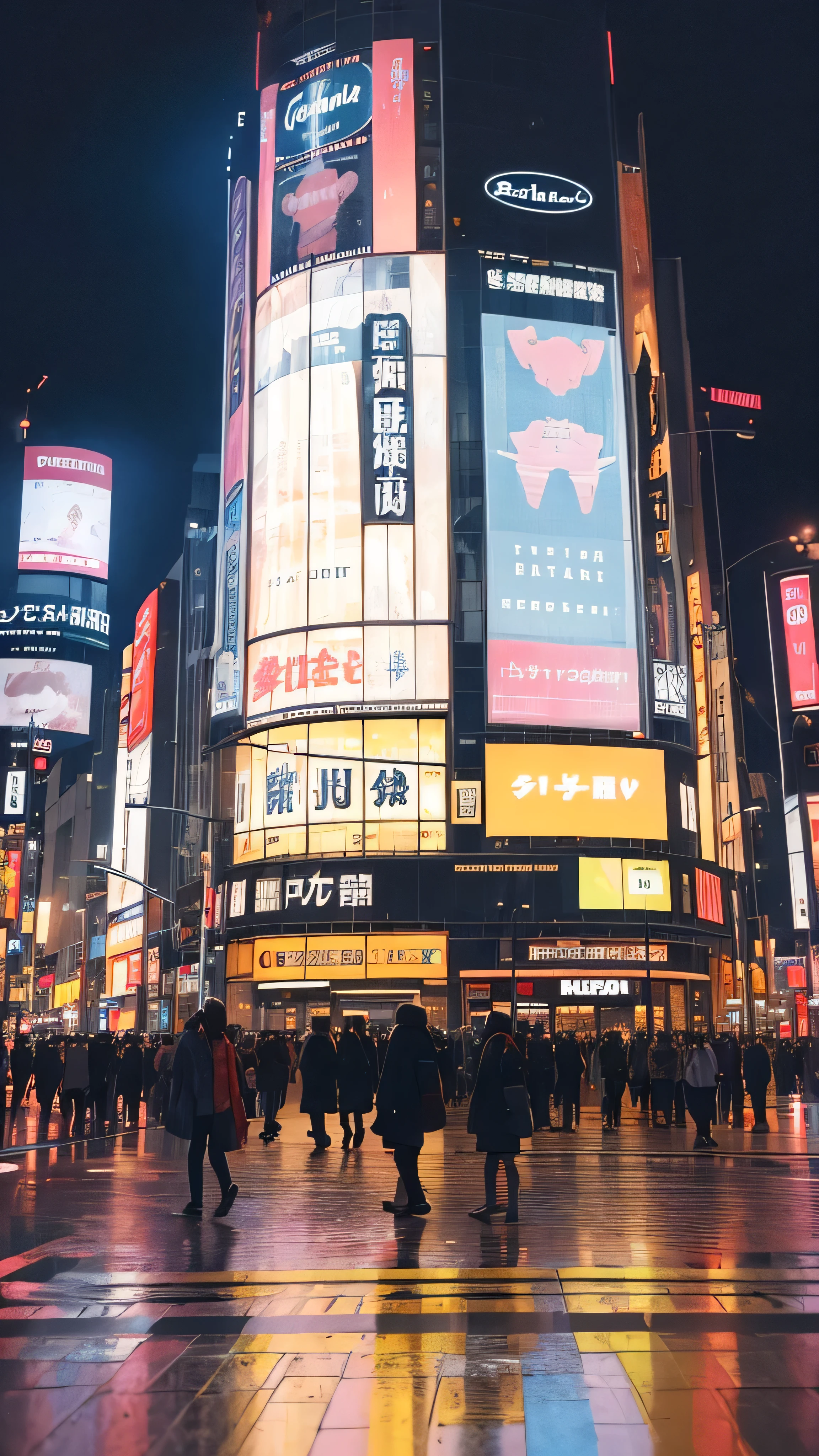 (high quality, 8k, 4K, masterpiece: 1.2, 最high quality), Shibuya crossing, empty street scene, neon signs, cinematic low camera angle, no people