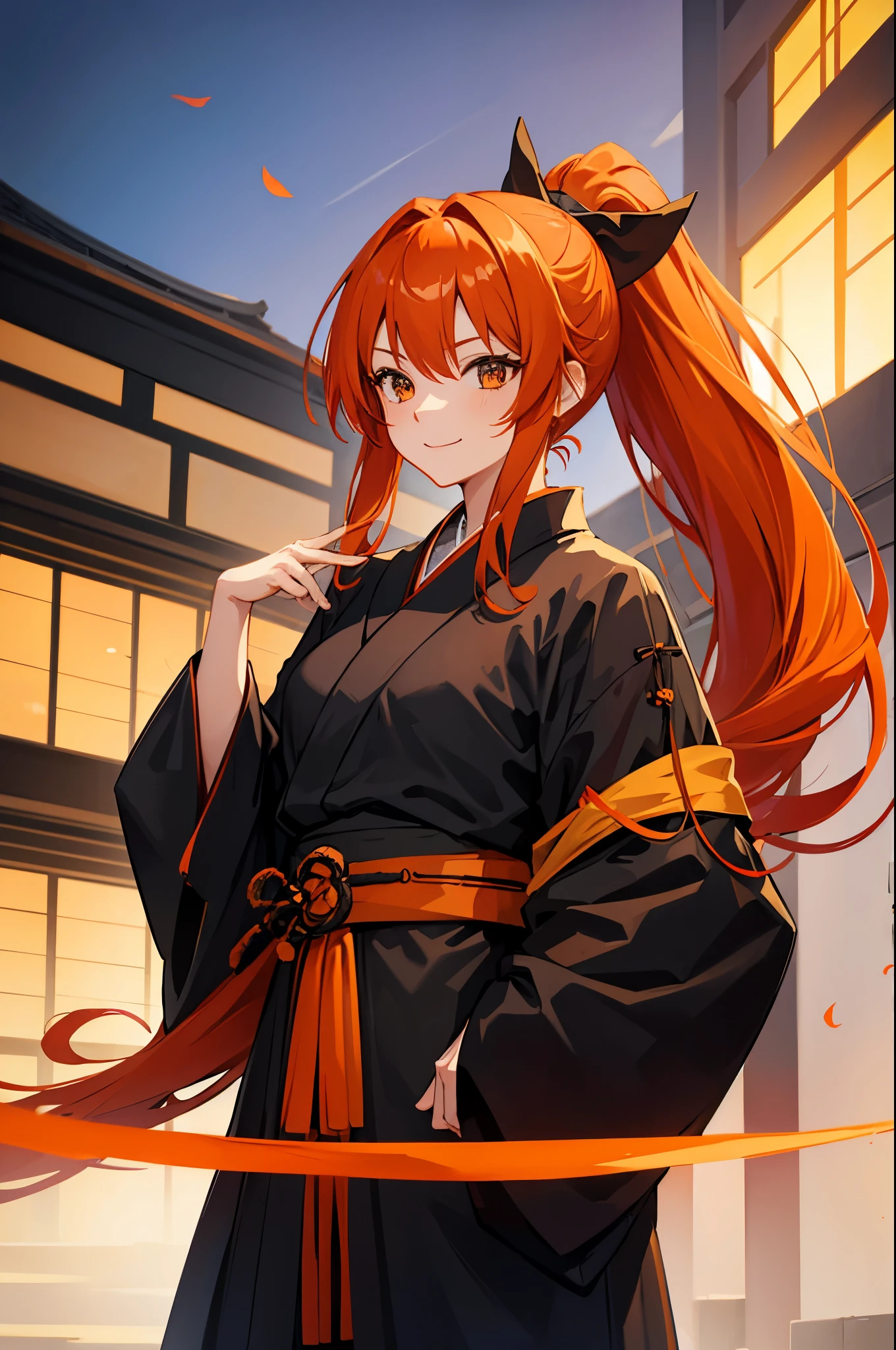 girl, orange hair, long hair, ponytail, black shihakusho, black kimono, black hakama, smile