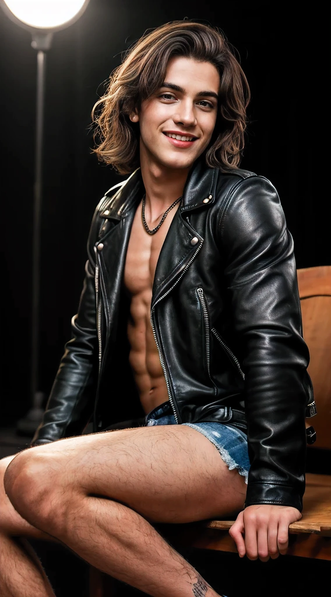 top quality, best quality, High-quality illustrations, masterpiece, super high resolution, beautiful male, young guy, 25 years old, athletic, piercing blue eyes, tousledshort brown hair, charming smile, wears leather Jacket, has a black and white sun tattoo on his left forearm, theater lighting: 0.7, high res, depth of field, detailed background, bright stylish clothes, circus performer