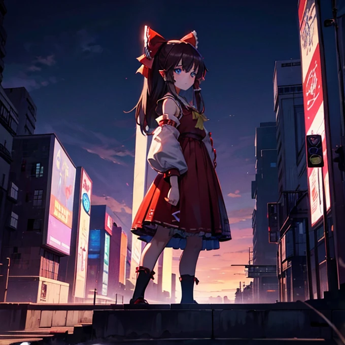1 girl, Reimu Hakurie, touhou, masterpeice, brown hair, glowing blue eyes, alternate costume, cyber punk art style, cyber punk background
