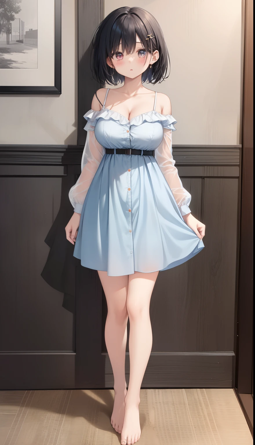 One Girl、Arima Kana、positive、Standing posture、Full body portrait、Black Hair、Medium Haircut、blush、Absolute area、No panties、No bra、barefoot、Light blue dress、Off-the-shoulder dress、(Very large breasts)、Cleavage、((Lesbians around the world))、masterpiece、(highest quality)、barefoot、White high heels 、Shirt buttons fly off、Unbutton your shirt、Exposing the breasts、