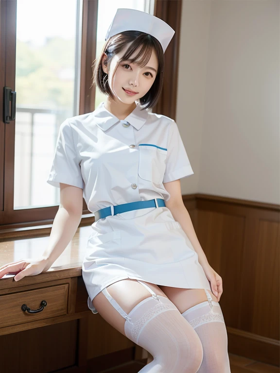 (Best quality: 1.5), (Realistic: 1.5), (1 person: 1.5), (Very detailed), (High resolution), 8k, shoot from below, (Japanese woman), ((wear White nurse uniform)), (Nurse cap), (wear micro mini skirt), (medium breasts), natural colored lips, cute smile, 20 year old girl, (beautiful and elaborate face), (perfect and beautiful face), (big eyes), (beautiful and elaborate face), (left and right balance) Beautiful eyes), Beautiful double eyelids, Perfect and beautiful face, Thin arched eyebrows, Slim face, (Slim figure), Beautiful thin nose, Beautiful skin, (Medium bob hair), Natural bangs, Fair skin, Front view lighting, (lighting the face), dark blue eyes, slim waistline, slender beautiful legs, nurse, Stethoscope, (sit on the operating table), (wearing a white colored garter belt and white knee-high stockings), white nurse clothes, Operating room、((White nurse clothes)), ((White micro mini skirt)), pure white,