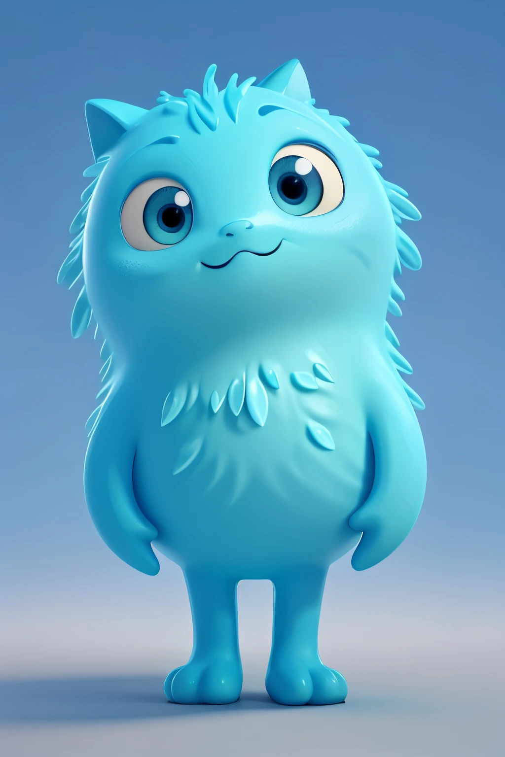 friendly expression, large digital eyes, soft blue and sky blue colors, organic and rounded design, long and dynamic limbs, water ripple-inspired elements, cheerful and approachable demeanor, 'Mio' logo on chest, solid background