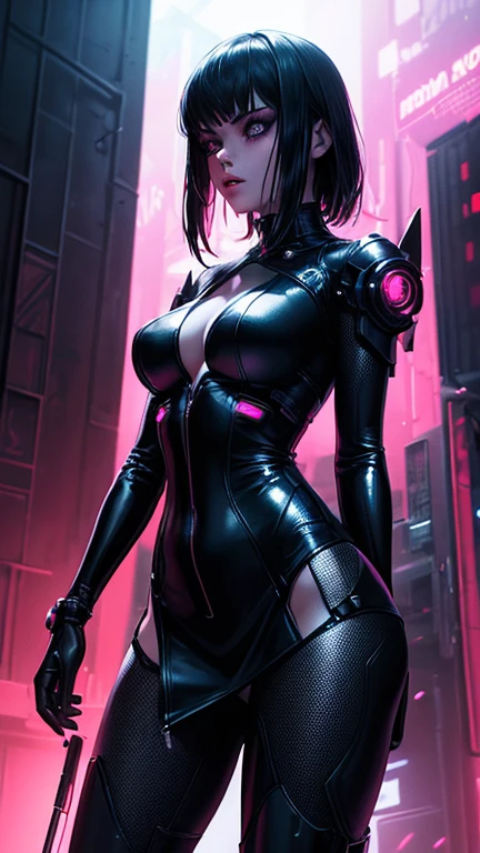 (best quality:1.3), (best performance:1.2), (best illustration:1.2), (Comic style:1.2), (artistic cinematic lighting:1.2) (1girl) wearing futuristic technological Cyberpunk electronic robes, her body is covered by metallic parts, in a cinematic horror movie background in a futuristic Cyberpunk city, masterpiece, sexy, neon lights, dark vibe, gothic character, gothic makeup