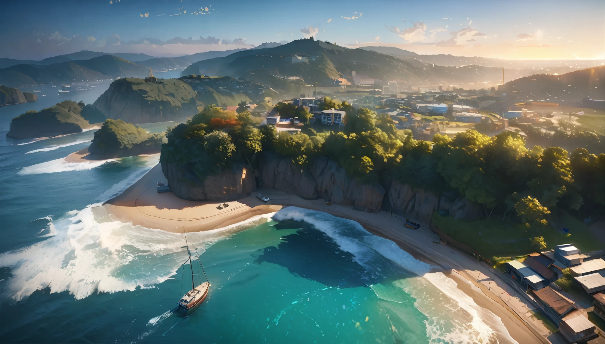 A tranquil coastline with yachts and boats floating on the sparkling sea, Sunny sky with fluffy white clouds, Green trees along the coast々, Pleasant sea breeze. figure, highest quality, 4K, 8k, High resolution, masterpiece:1.2, Super detailed, Realistic:1.37, High resolution, 超High resolution, Studio Lighting, Ultra-fine painting, Sharp focus, Physically Based Rendering, Very detailed explanation, Professional, Vibrant colors, Bokeh, Portraiture, landscape, photograph. Blue dominates the color palette, Natural light adds color to the scene.