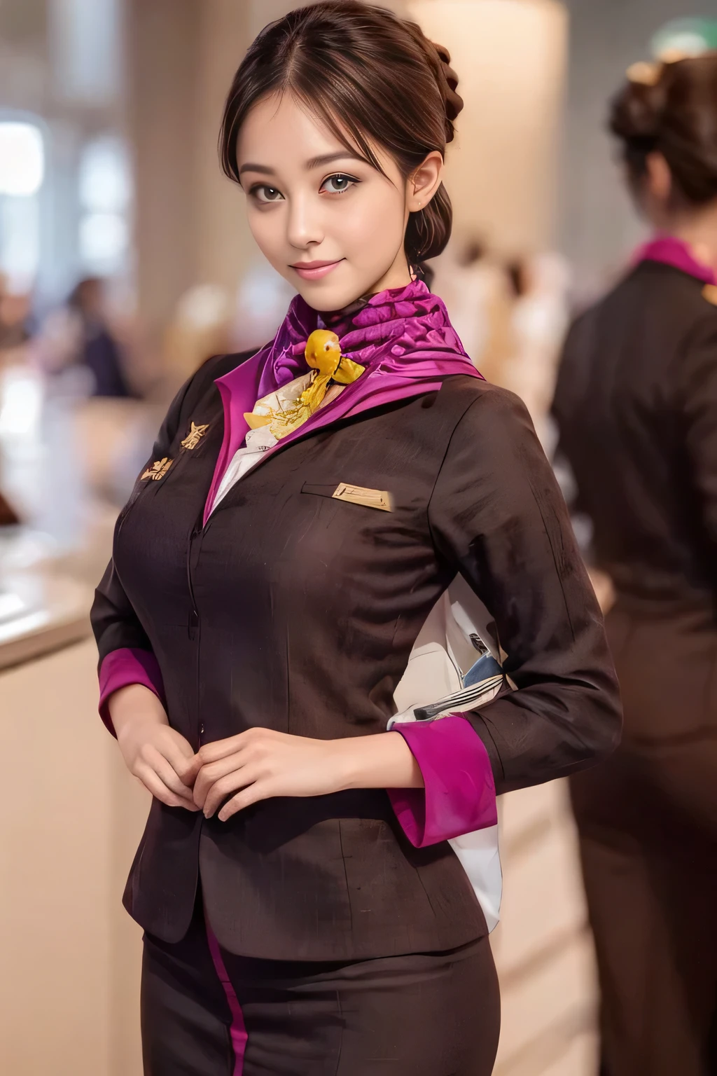 (masterpiece:1.2、highest quality:1.2)、32K HDR、High resolution、(alone、1 girl、Slim figure)、(A realistic reproduction of the ETIHAD Airways Cabincrew Uniform)、 (At the airport counter, Professional Lighting)、Airport counter wall background、A proper woman, Beautiful Face,、(Long sleeve ETIHAD Airways Cabincrew Uniform)、(ETIHAD Airways Cabincrew Uniform skirt with purple stripe on the front)、(scarf on chest)、Big Breasts、(Long Hair Up、Hair Bun)、Dark brown hair、Long Shot、((Great hands:2.0))、((Harmonious body proportions:1.5))、((Normal limbs:2.0))、((Normal finger:2.0))、((Delicate eyes:2.0))、((Normal eyes:2.0)))、Beautiful standing posture、smile、Place your hands around your stomach