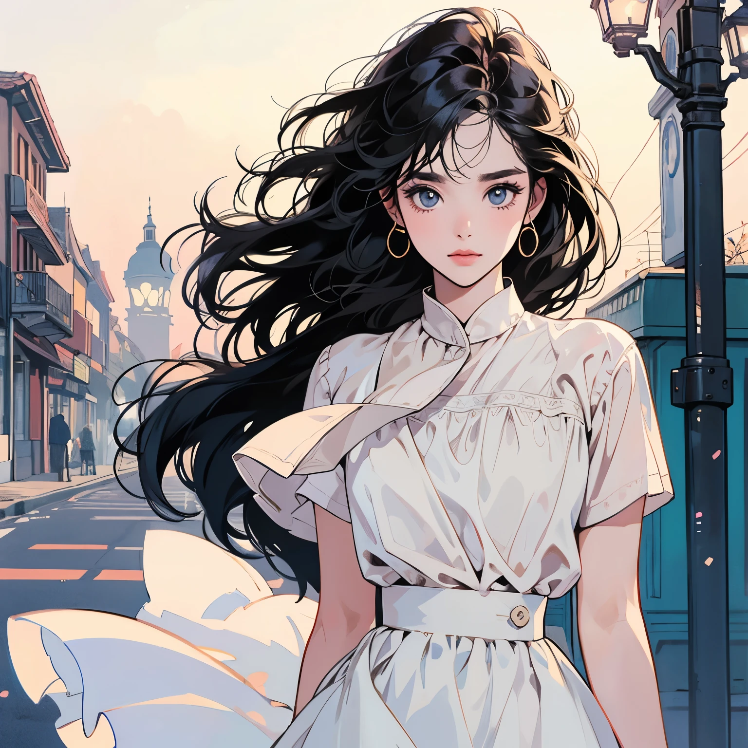 whole body、Kind Face、1 pretty woman、White blouse、skirt、Street lamp 、Complex background、Black Hair、Faint lighting、The wind is blowing