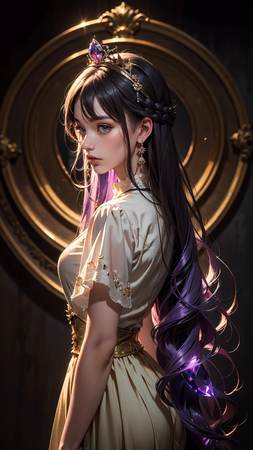(((masterpiece))), highest quality, figure, 4K wallpaper, Cinematic Light, Absurd, Portrait of a Girl, Long Hair, Purple crystal hair, Shiny Hair, Bloom Hair, Clothing Princess, Look ahead