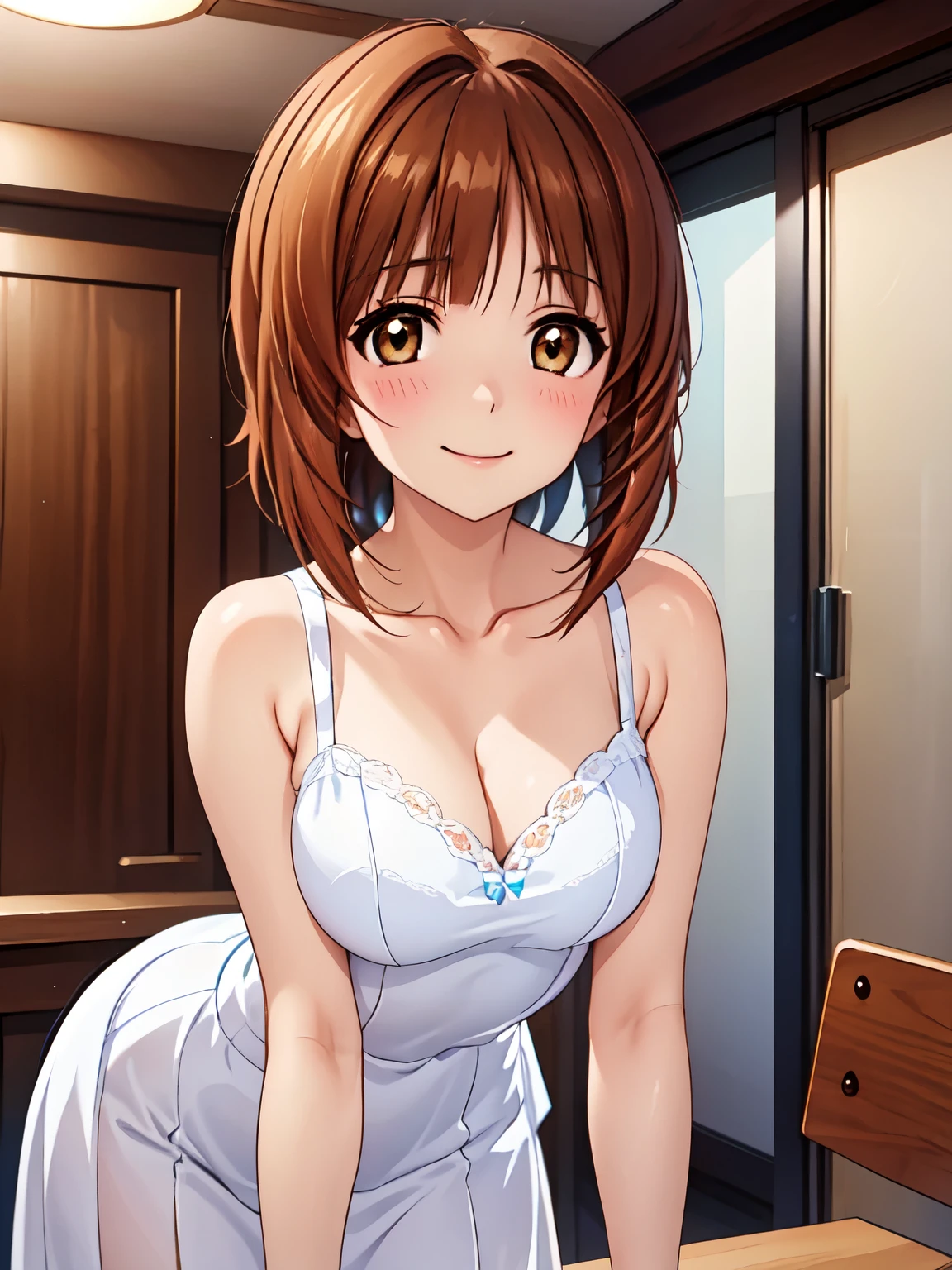 High resolution, highest quality, super high quality,3D Images,One girl, (Anime illustration style:1.5）, nishizumi miho 、smile、Closed Mouth,clavicle,White Party Dresses,Absolute reference to center、Cowboy Shot、Highly detailed face, Perfect lighting, Highly detailed CG、Leaning forward、Mid-chest