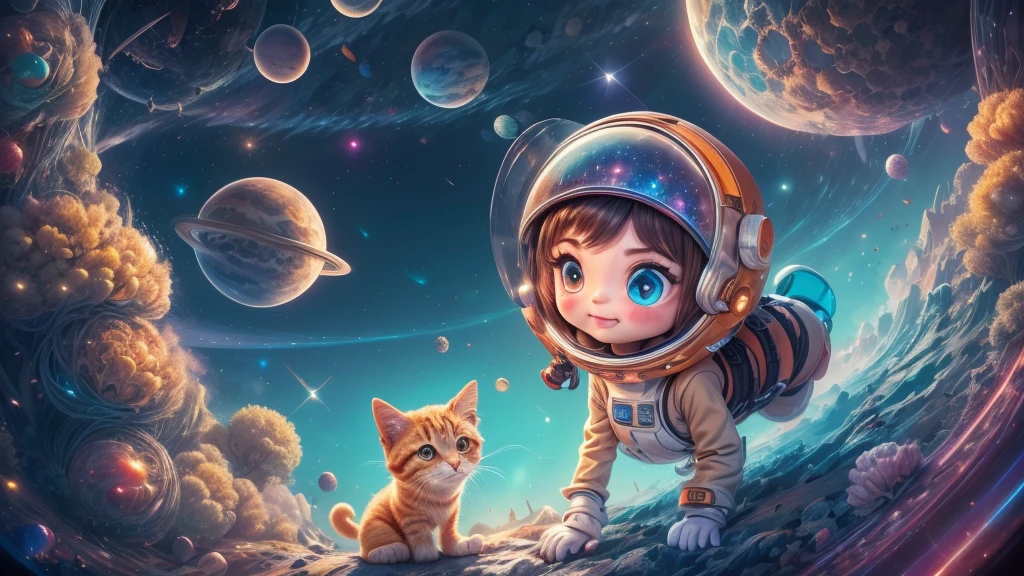 Cartoon illustration of a boy and a girl in space with cat, official fan art, in space, kitten in outer space, in outer space, in deep space, in galaxies, deep space exploration!!!, space travel, wearing in stars and planets, outer space, outer space, starry sky in space, in space, official art, space, on a spaceship, colorful, cute, more detailed, light, more realistic, cartoon