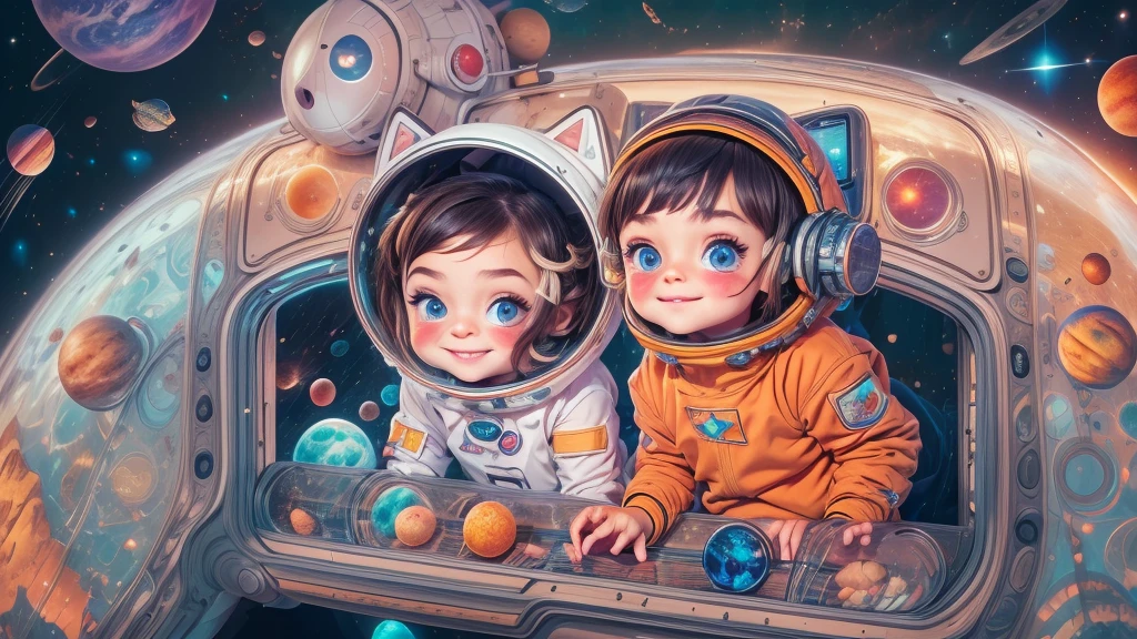 Cartoon illustration of a boy and a girl in space with cat, official fan art, in space, kitten in outer space, in outer space, in deep space, in galaxies, deep space exploration!!!, space travel, wearing in stars and planets, outer space, outer space, starry sky in space, in space, official art, space, on a spaceship, colorful, cute, more detailed, light, more realistic, cartoon