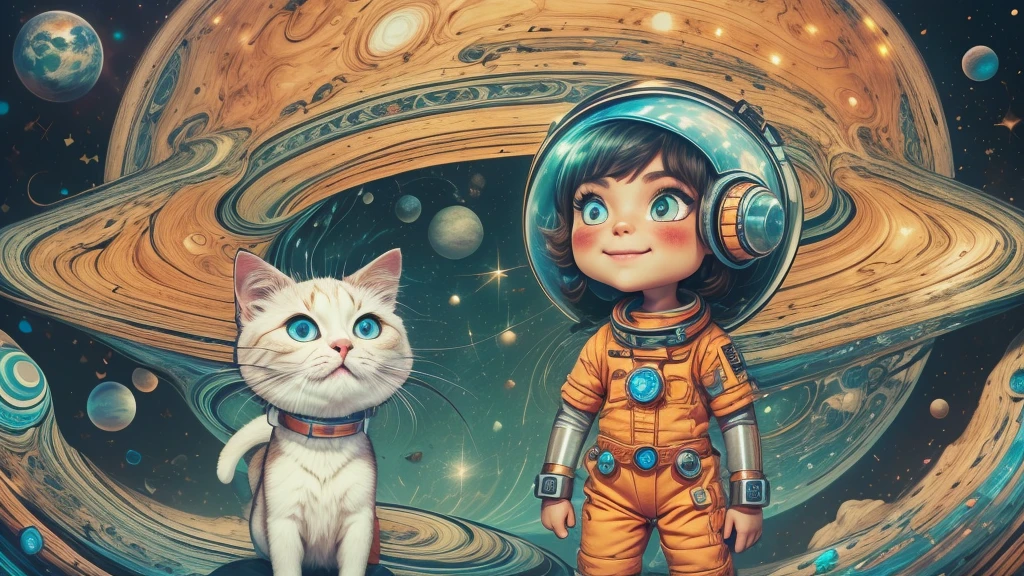 Cartoon illustration of a boy and a girl in space with cat, official fan art, in space, kitten in outer space, in outer space, in deep space, in galaxies, deep space exploration!!!, space travel, wearing in stars and planets, outer space, outer space, starry sky in space, in space, official art, space, on a spaceship, colorful, cute, more detailed, light, more realistic, cartoon