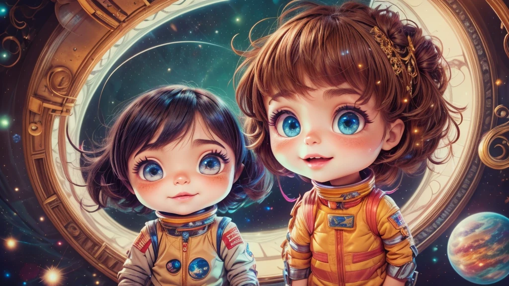 Cartoon illustration of a boy and a girl in space with cat, official fan art, in space, kitten in outer space, in outer space, in deep space, in galaxies, deep space exploration!!!, space travel, wearing in stars and planets, outer space, outer space, starry sky in space, in space, official art, space, on a spaceship, colorful, cute, more detailed, light, more realistic, cartoon
