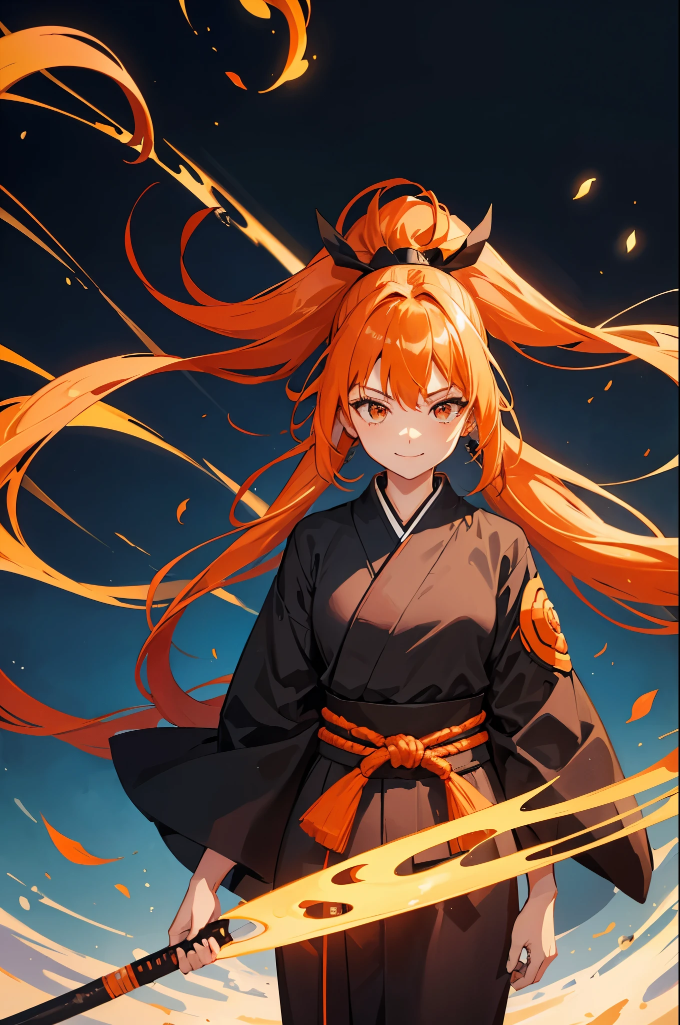 girl, orange hair, long hair, ponytail, black shihakusho, black kimono, black hakama, smile