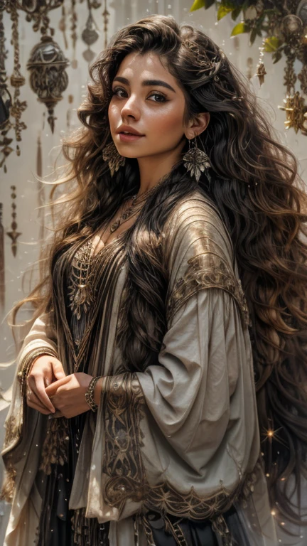 A girl in the misty mountains, black curly long hair, necklace, earrings, bracelet, ray of light, real skin texture, detailed detail, 