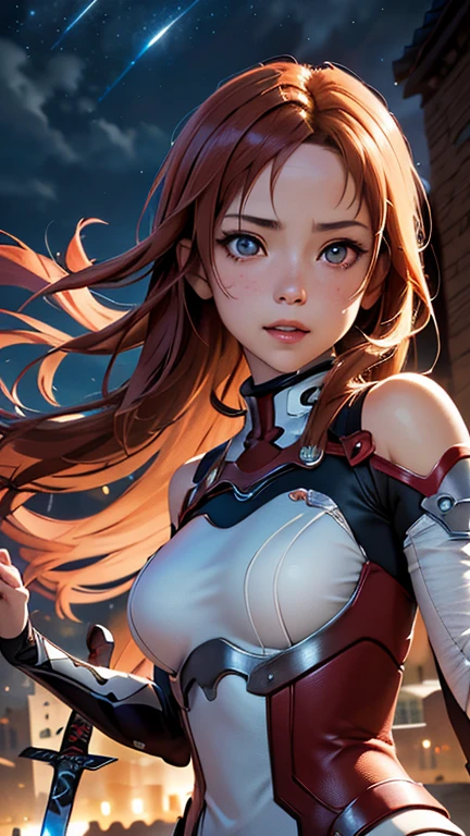 (best quality, masterpiece, colorful, dynamic angle, highest detailed) upper body photo, fashion photography of cute, intense long red hair, (\Asuna Yuuki\)\(sword art online\) (ultrahigh resolution textures), in dynamic pose, bokeh, (intricate details, hyperdetailed:1.15), detailed, moonlight passing through hair, perfect night, colorful fantasy art background, (official art, extreme detailed, highest detailed), HDR+