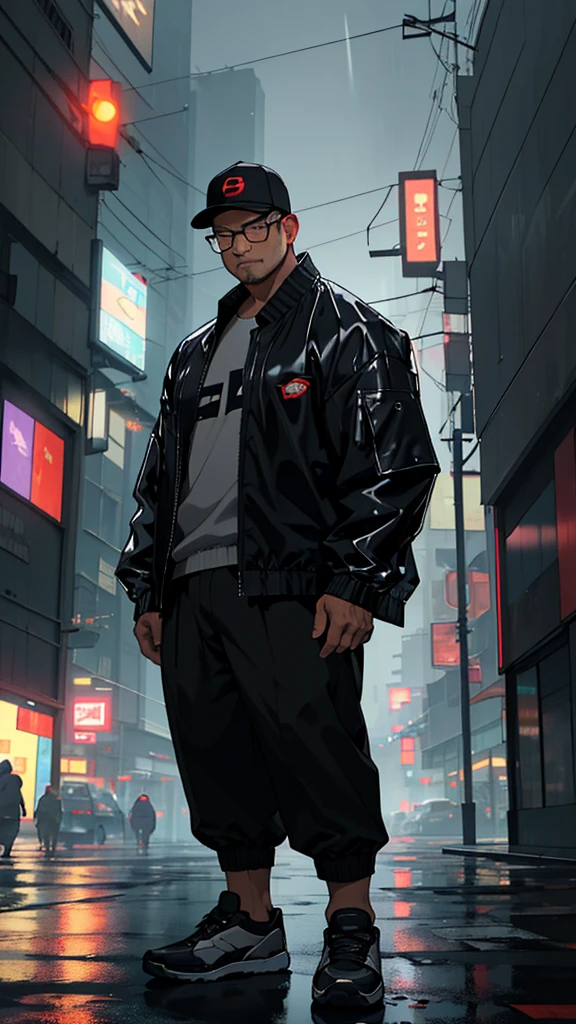 An Indonesian man, chubby, bald, with a clear face and square clear-framed glasses, wearing a black windbreaker jacket, black pants, black New Era cap, and black Vans shoes. He stands between buildings during a night rain and dramatic lighting, with a stunning Cyberpunk graphic render.