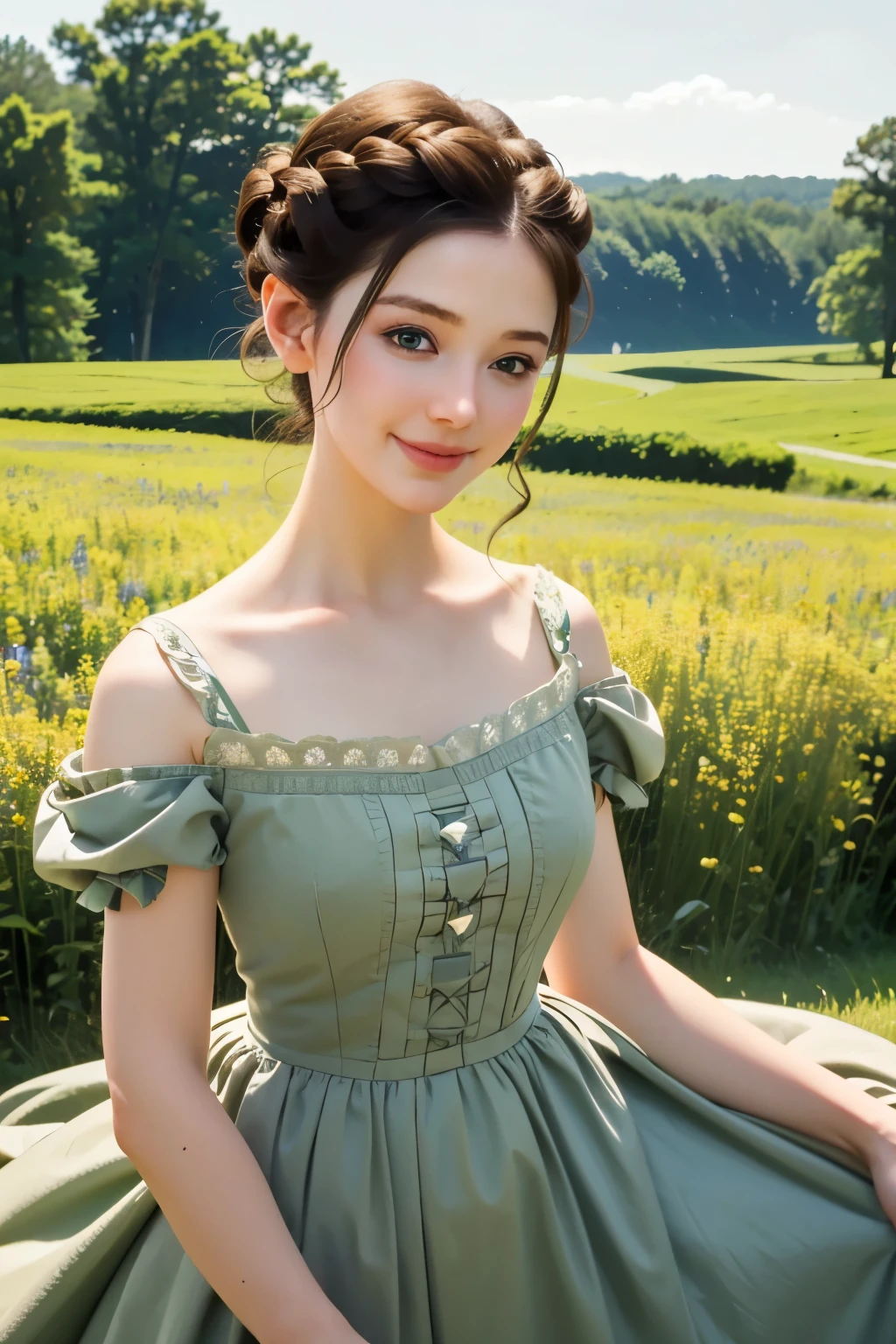 ((masterpiece, best quality))
 Asa Ebi, 1 woman, alone, brown hair, green eyes, hair updo, in a wildflower field, wearing a flowing dress, smiling