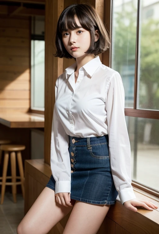 (highest quality, 8k, masterpiece ), A 12-year-old junior high school student with a young face、Short Hair, The bra is visible,Black Hair、The shirt is too tight、bangs:0.6,グラマーなThighs、Tight see-through button-down shirt、mini skirt, Highly detailed face, double eyelid, Strong natural light、Round face:1.2、whole body、Thighs、loafers、round face:1.2、Side Angle,Diagonal horizontal angle:1.2