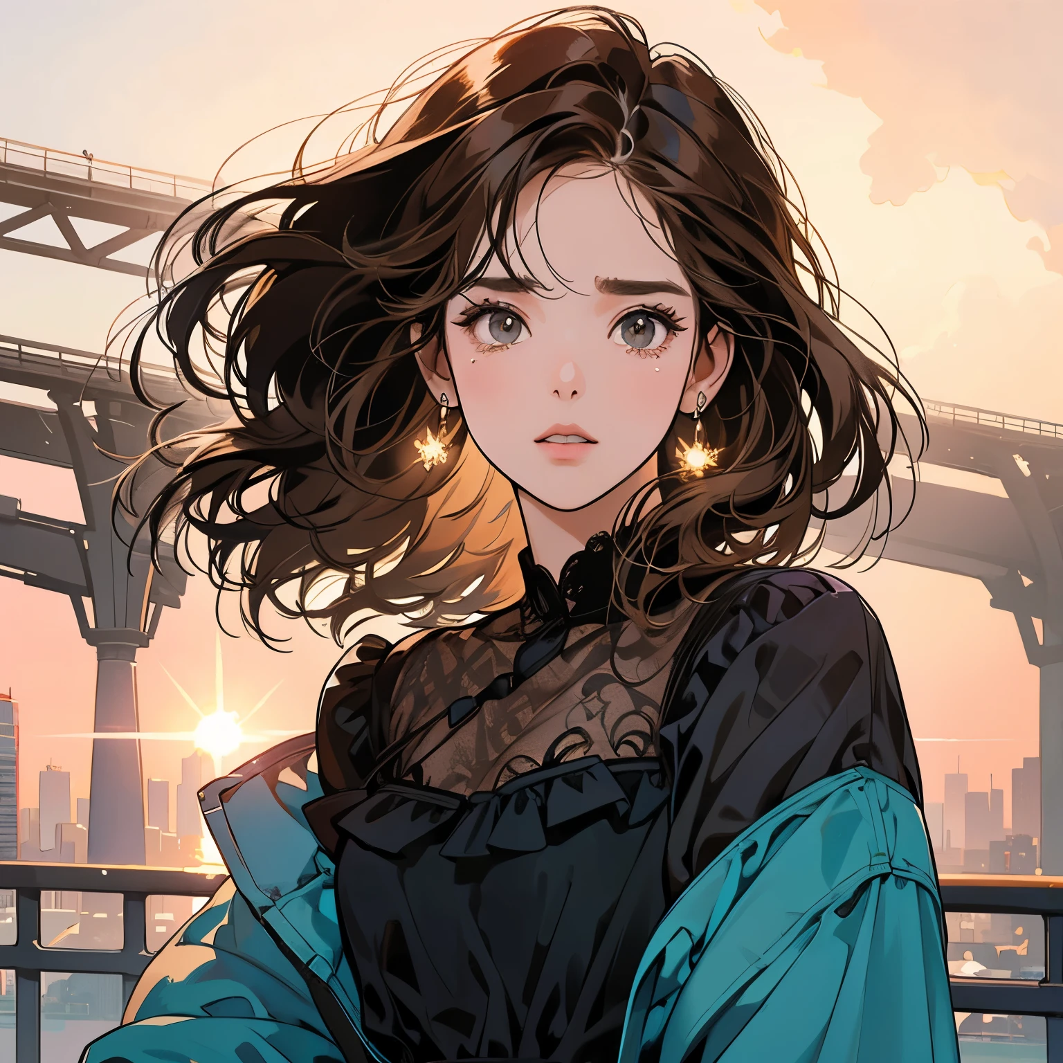 whole body、Kind Face、1 pretty woman、Black blouse、Pedestrian bridge、skyscraper、Sunset、Complex background、Detailed Hair、Light brown hair、Faint lighting、The wind is blowing、tears、Looking up from under the camera、Incitement、Bob Hair