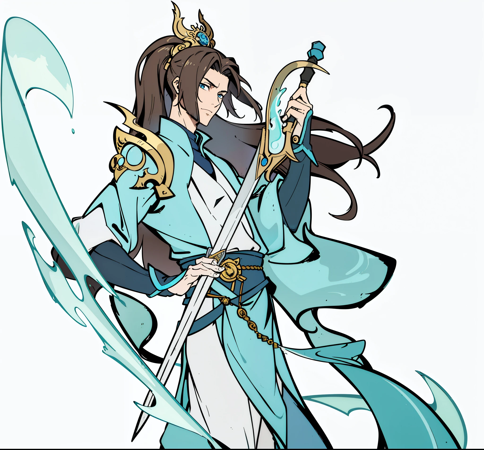 (high-quality, breathtaking),(expressive eyes, perfect face) 1boy, Immortal, boy, detailed brushstrokes, national style immortal style, original quality, beautiful original painting, blue Taoist priest, long robe, holding a sword, handsome Taoist priest.