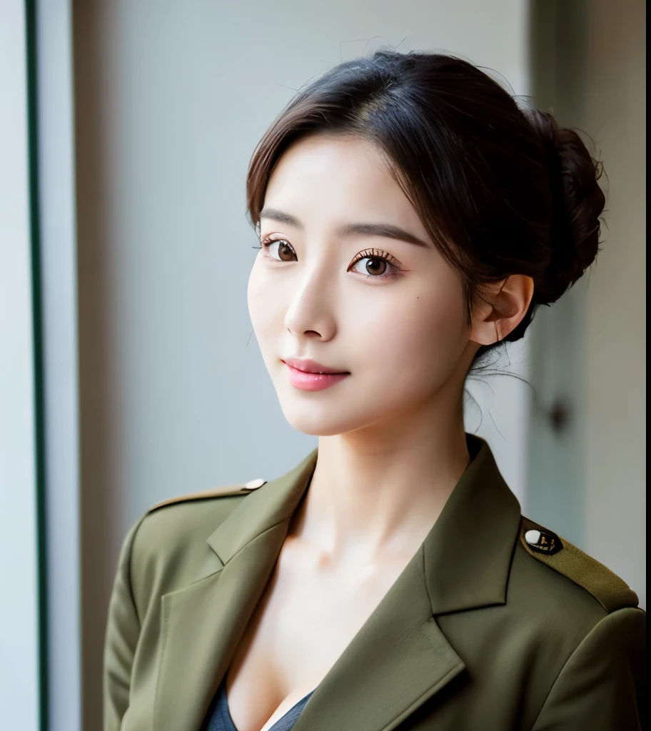 25 years Old woman, military suit, cleavage, beauty face, thin, Updo hair style, small breast, At home