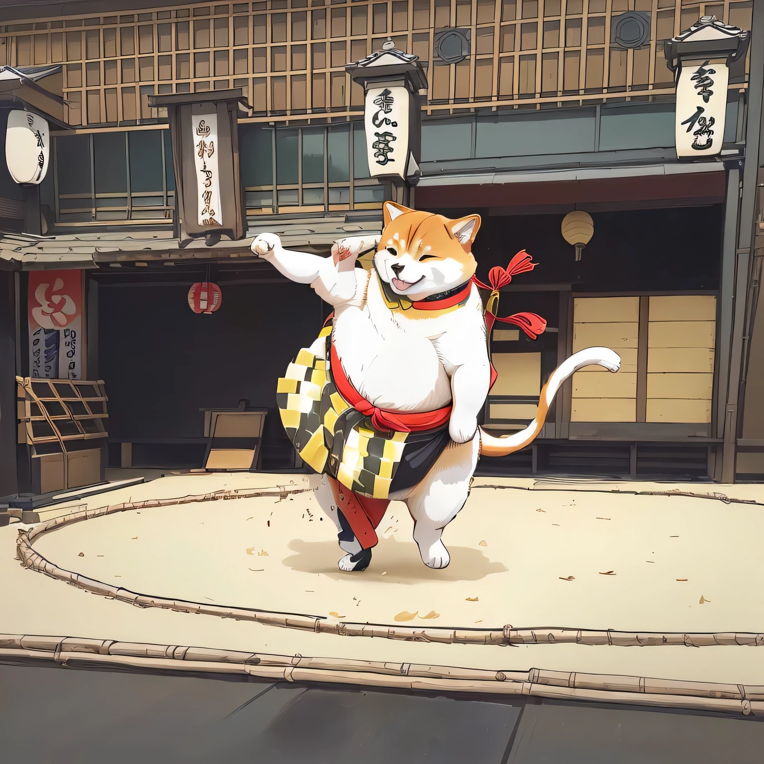 A Shiba Inu doing sumo moves,Stand on one foot,Japanese cartoon style, The Artistic Style of Ukiyo-e, Sumo Japanese, In the dojo, Anime cat