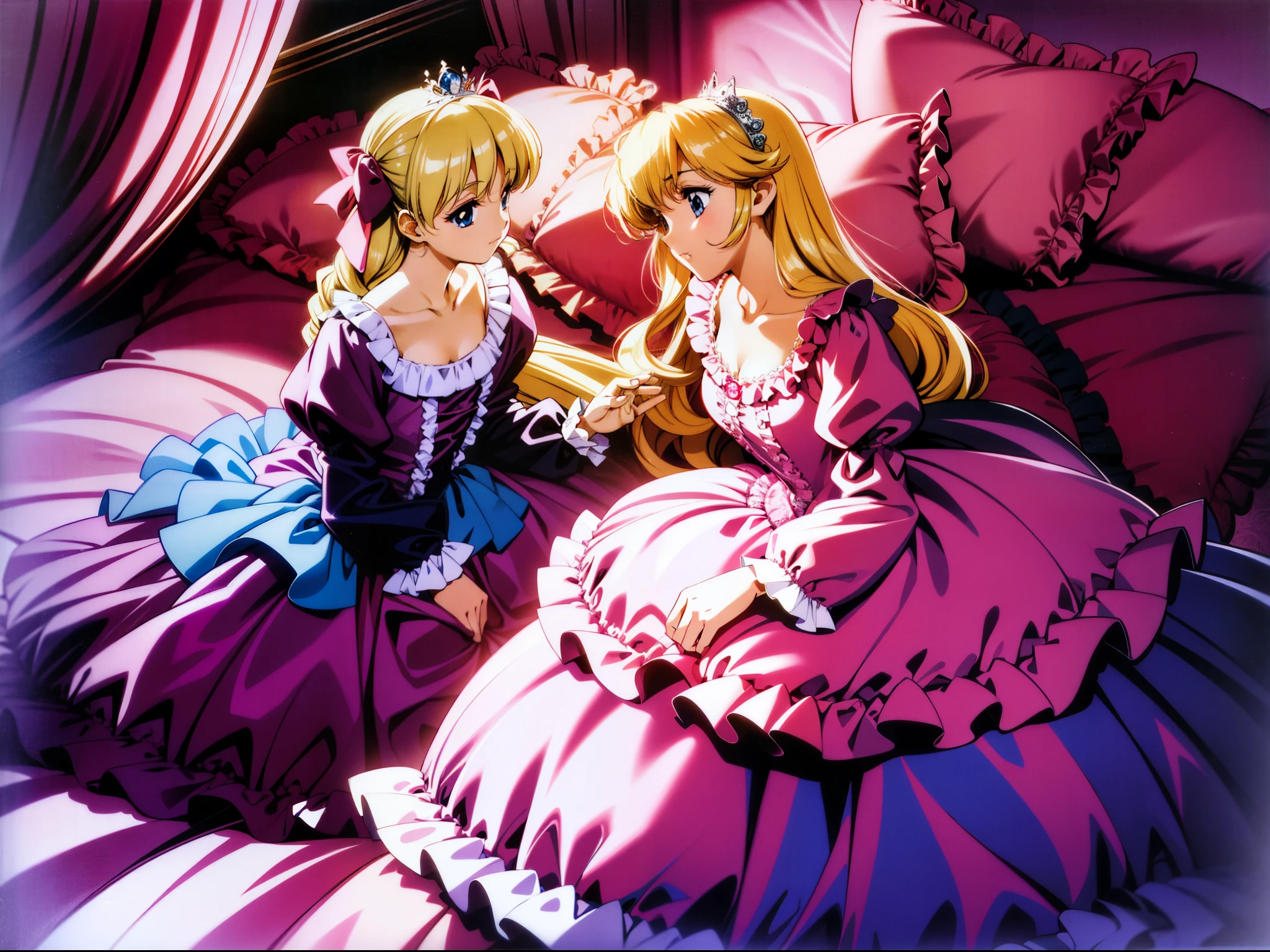 ,highest quality, masterpiece, highest resolution, artwork,1990s style anime illustration,((10 year old s)),Super detailed baby face,both are princesses,detailed luxury tiara,Full length ball gown dress with hoop skirt,ruffle yoke collar,Detailed braided ribbon at chest,puff sleeves,long sleeve,((lolita stylt pink princess satin dress、Comes with lots of frills and ribbons。)),shiny silk satin dress,soft and smooth silk satin fabric,luxury,Very long blonde hair,blue eyes,white skin european,pajamas,((inside the palace)),Princess dancing happily,gorgeous flowing dress,fine white frills and lace,Super long hair that is as tall as your body,white long socks,drawers with lots of frills,castle bedroom at night,Super long flowing hair,on the bed,Luxurious canopy on the bed,Huge, spacious bed,Pink pillow with lots of frills,Silk satin pink curtains with luxurious ruffles and ribbons surround the bed,princess sitting on bed,Pillows piled up behind the princess,A princess leaning on a pile of pillows,Long hair scattered like a fan on the bed,(((Both legs are completely hidden inside the dress))),