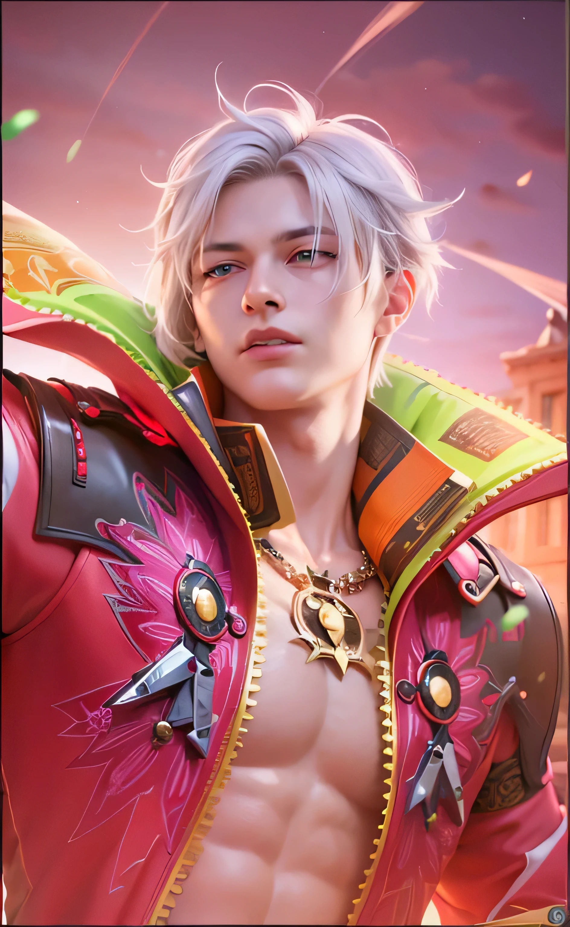 masculine male, masterpiece, ((perfect eyes)) best quality, (semirealism:1.9), beautiful lighting, (extremely detailed CG unity 4k fhd wallpaper), High Detail, Sharp focus, dramatic outdoors, 1 boy ,19 years old, white hair, light purpel eyes, smile.