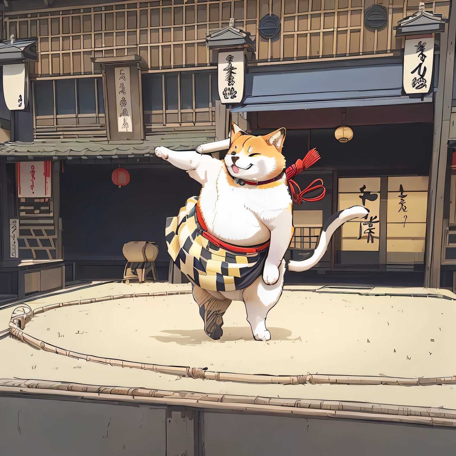 A Shiba Inu doing sumo moves,Stand on one foot,Japanese cartoon style, The Artistic Style of Ukiyo-e, Sumo Japanese, In the dojo, Anime cat