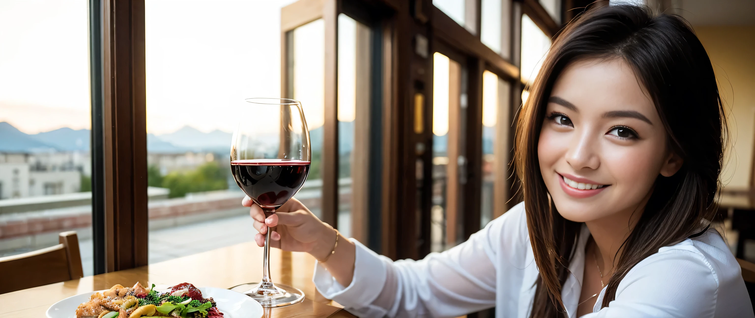 ((highest quality、8k、masterpiece:1.3))、1 male、1 female、Couple、Spouse、Couple、The body is slim、((Bob Hale、Straight hair:1.2)), (Realistic, Intricate details:1.2), Wine glass on the table、Put the light on your face、 Amazing view of the sunset sky and clouds、Amazing mountain views、A bright smile、The wonderfulness of smile、Bright image、The beauty of wine, Beautiful Face, blue eyes, The light shines on your face, Blushing, short hair,Bright Face、 (Age 37), 39 years old, red wine 、Appetizers、Italian food、Wine bottle、Champagne、sparkling wine、Two beauties、Brown Hair、Shortcuts、Long sleeve shirt、dress、Pretty Woman 1, (Slim face), (The body is slim), (Brown Hair), (Shortcuts), cheeks turn a little red,Attractive beauty、restaurant, In a prominent place (From the waist up) Nova Frog Style, actress, model, Upper Body, White wine, slim, wine glass, A wine glass placed in the center, smile, (smile: 1.15), Beautiful fine grain, Depth f/2,saturation, High Contrast, Strong light and shadow,Moist Body:1.5、3D texture、Delicate eyes、Brown Hair、The hair is very shiny、