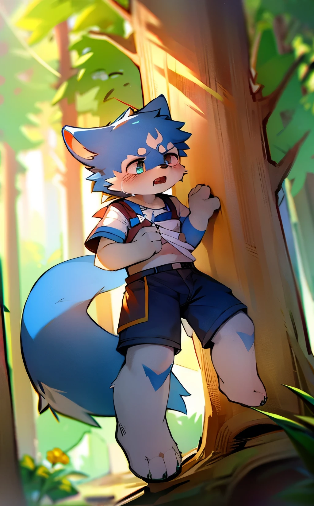 Blue fur, Canine, fox motif, boy, uniform, Crying a lot,earthquake