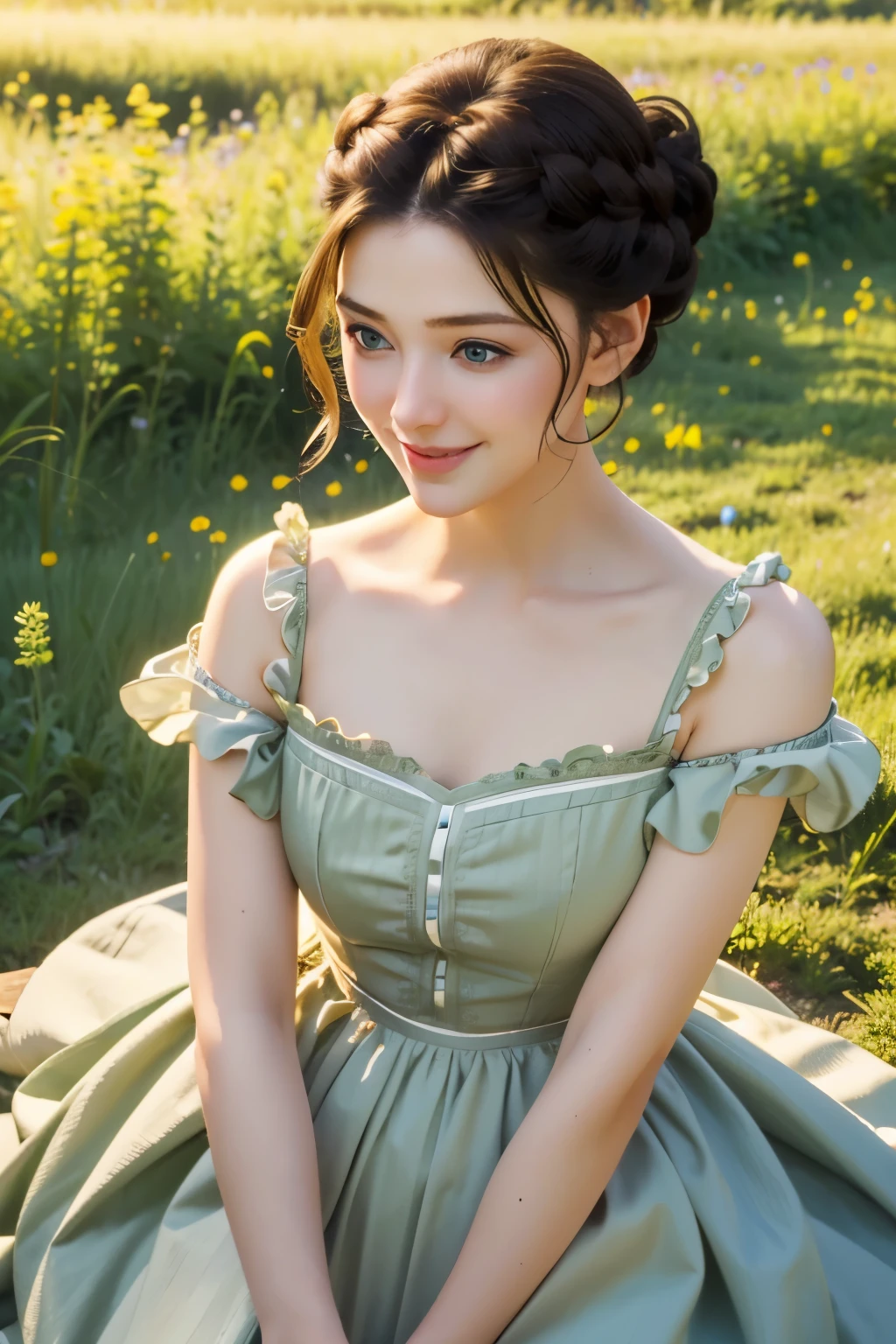 ((masterpiece, best quality))
 Asa Ebi, 1 woman, alone, brown hair, green eyes, hair updo, in a wildflower field, wearing a flowing dress, smiling