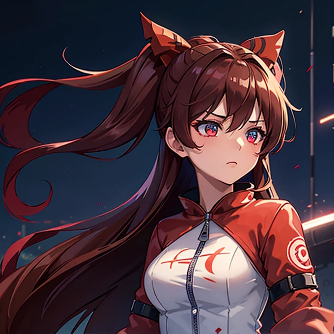 1 girl, Reimu Hakurie, touhou, masterpeice, brown hair, glowing blue eyes, glowing eyes, red eyeliner, alternate costume, red bomber jacket, cyber punk art style, cyber punk background