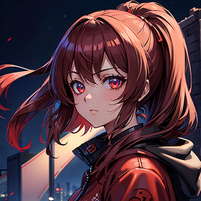 1 girl, Reimu Hakurie, touhou, masterpeice, brown hair, glowing blue eyes, glowing eyes, red eyeliner, alternate costume, red bomber jacket, cyber punk art style, cyber punk background